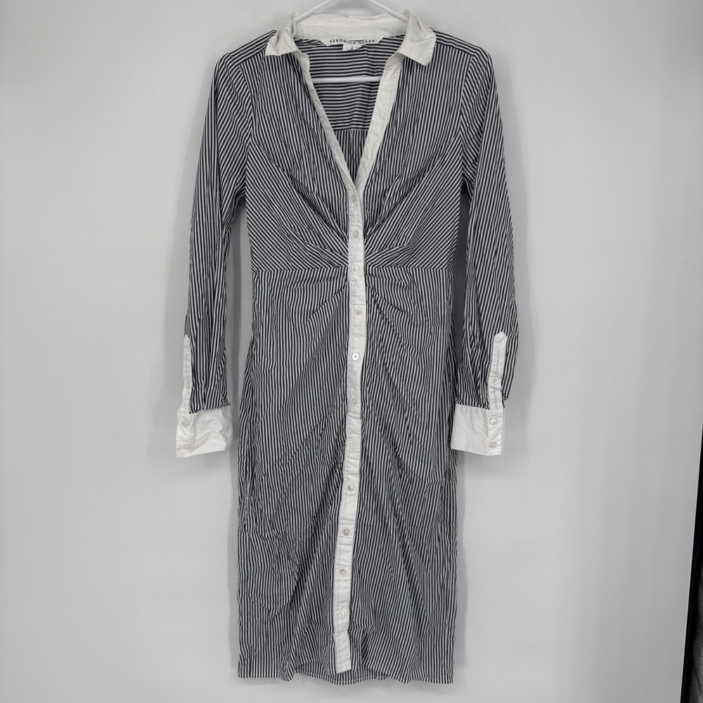 Veronica Beard Cita Shirt Midi Dress Pinstripe Cuffed Sleeve Cinched Waist Sz 2